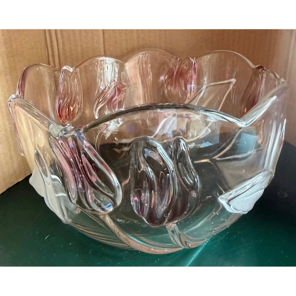 Vintage Mikasa Pink Tulip Frosted Glass Serving Bowl Scalloped Floral 8